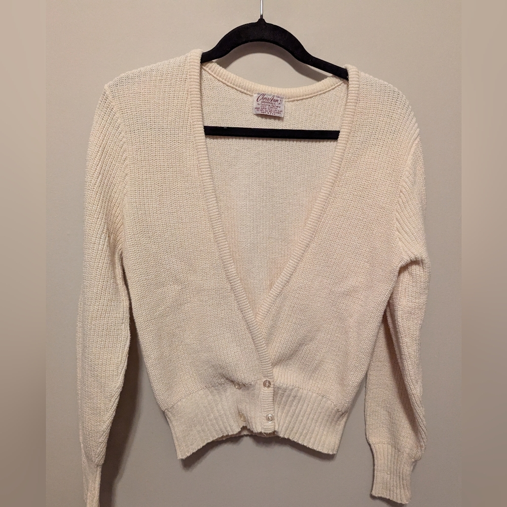 100% Cotton Cream V-Neck Button-Up Women's Sweater Rib Knit